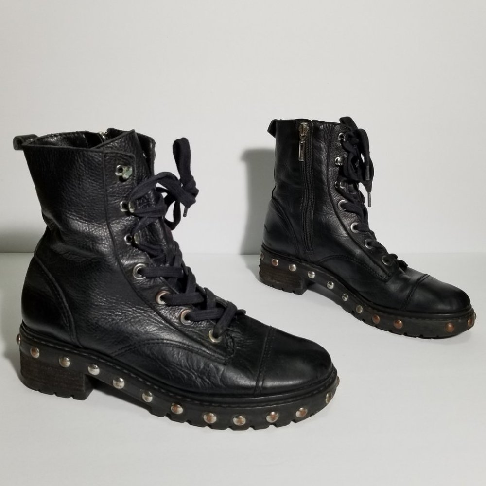 Schutz Black Leather Studded Lace Up Moto Boots